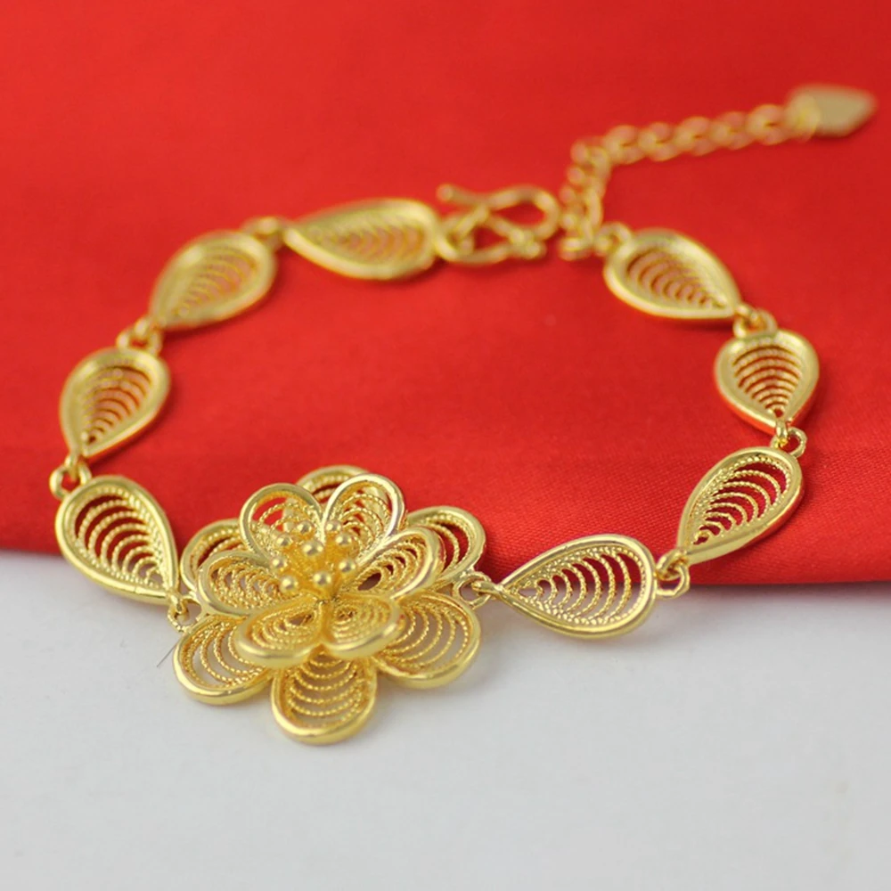 Flower Filigree Bracelet Chain Yellow Gold Filled Beautiful Womens