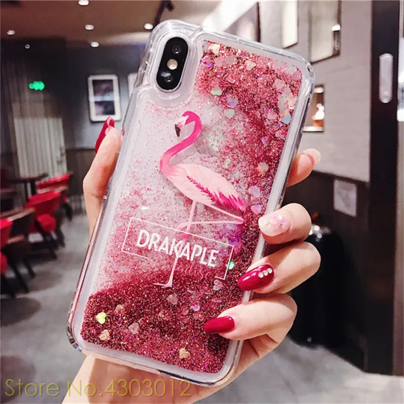 

Liquid Quicksand Flamingo Animal Phone Case For iPhone 7 8 Plus 6 6S X 10 XR XS Max Bling Dynamic Love Hearts Sequins Back Cover