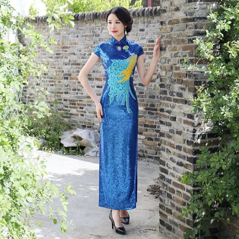 

Blue Plus Size 3XL 4XL 5XL Peacock Sequins Qipao Chinese Traditional Mandarin Collar Cheongsam Vestidos Sexy High Split Dress