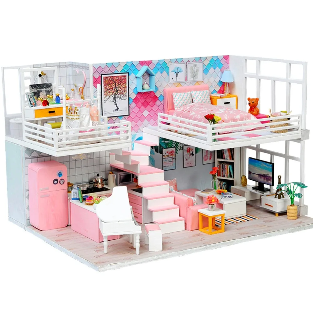 

New 3D Wooden Miniature Diy Dollhouse Music Box Manual Assembly Cabin Model Accessories Bedroom Furniture Toys for Children