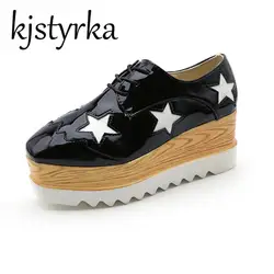 Kjstyrka серебряная звезда обувь на танкетке женские Скрытая на высоком каблуке Мода квадратный носок на платформе со шнуровкой на танкетке