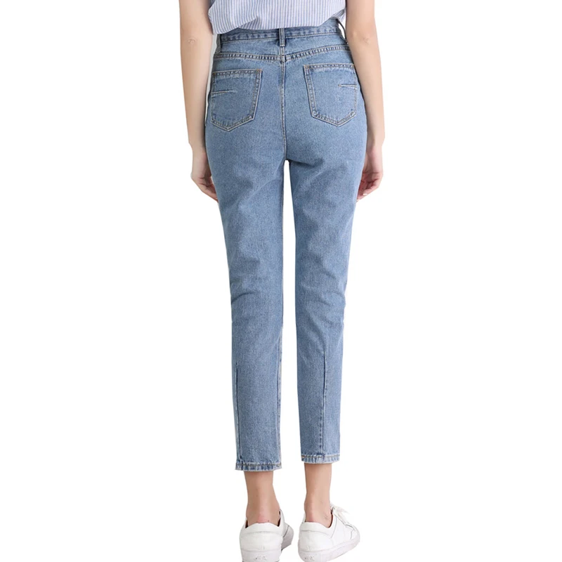 Модные новые женские джинсы с высокой талией светло-голубые однотонные джинсовые узкие брюки женские повседневные джинсы потертые брюки до щиколотки