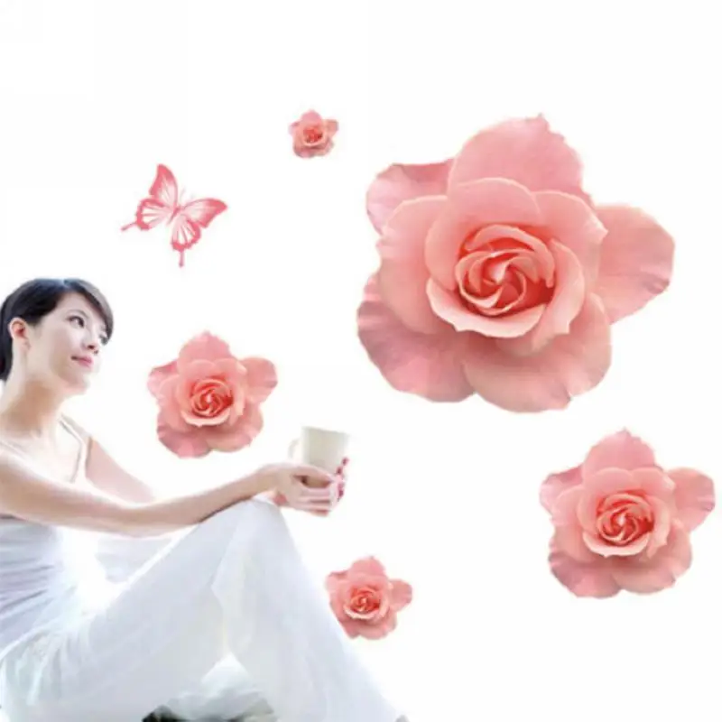 2018 Newest DIY Removable Vinyl 3D Pink Rose Butterfly Flower Wall Stickers Decal Art Home Decor