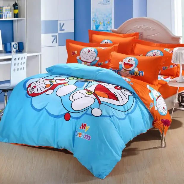 3D Blue orange doraemon Kids cartoon character cat print bedding