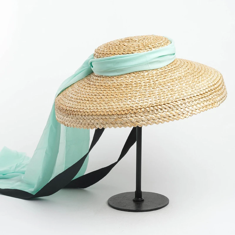 

2019 Women Fashion Vintage Sun Hat Wrapped straw hat with wavy pattern Female Topi Hat with Chiffon Ribbons
