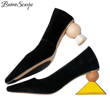 

Buono Scarpe Sexy Strange High Heel Shoes Black Women Asymmetry Heel Mary Janes Pumps Shallow Mouth Office Pumps Leather Shoes