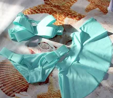 女性水着ブラジルビキニセット + スカート 3 個水着水着 2019 固体ビッグ弓バンドゥビーチウェア水着(China)