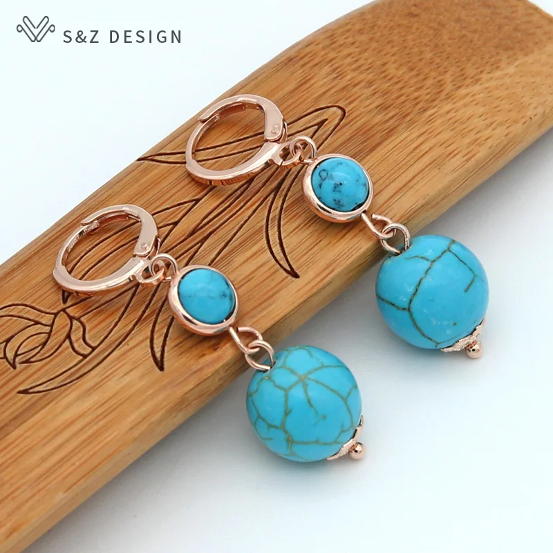 S&Z DESIGN New Long Round Black Agates Turquoises Dangle Earrings 585 Rose Gold Color Eardrop For Women Party Jewelry Gift