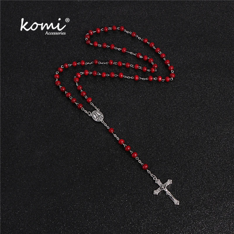 

2019 New Fashion Handmade Round Wood Bead Catholic Rosary Quality Bead Cross Necklace Beads Cross Religious Pendants Necklace