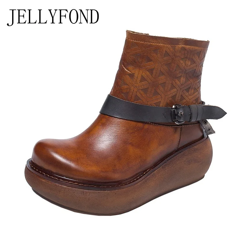 

JELLYFOND 2018 Genuine Leather Platform Wedge Boots Handmade Designer Autumn Winter Shoes Women Cowhide Buckle Strap Ankle Boots