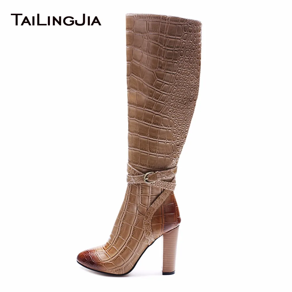 

High Quality Stone Print Retro Woman Knee Boots With Zipper Round Toe High Heel Block Heel Ladies Boots With Soft Fur Winter