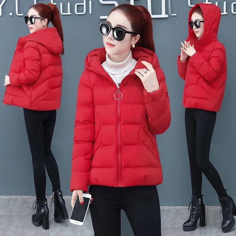 Vangul Casual Ladies Solid Padded Jacket Short Autumn Winter Wadded Jacket Women Hooded Coats Red Female Parkas Outwear New