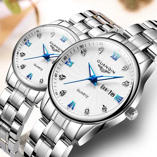 REVIEW TOP SELLER  GUANQIN Fashion Couple Watch Set Stainless Steel Men Women lovers Watch Luxury Blue Quartz Watch Wo