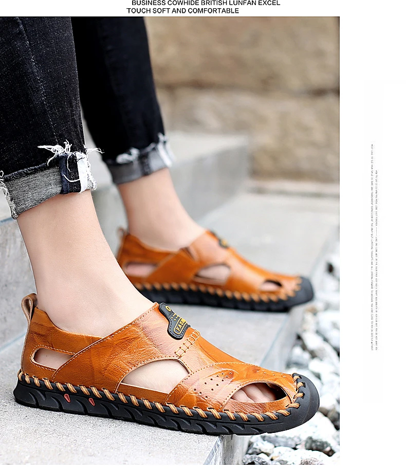 ZUNYU/мужские кожаные пляжные сандалии; коллекция года; летняя Мужская Уличная обувь; дышащая повседневная обувь ручной работы; прогулочные сандалии без застежки