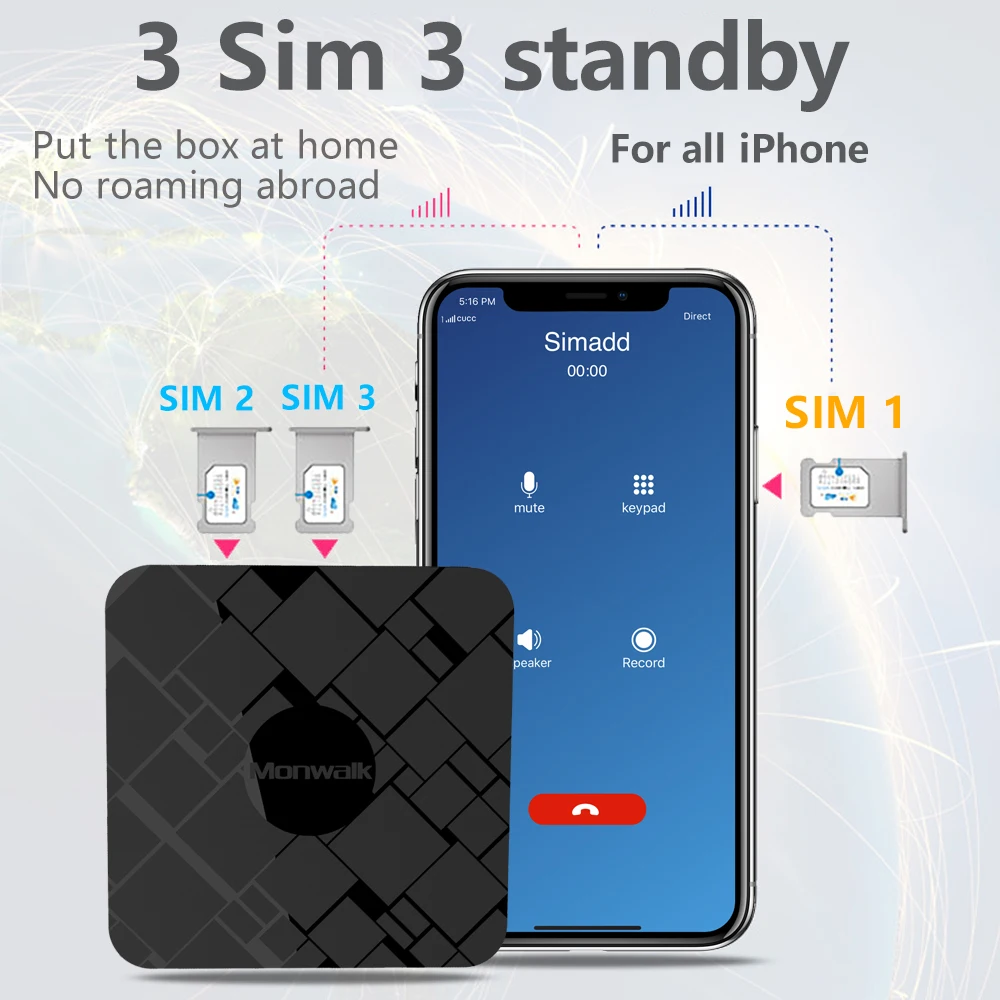 

No roaming abroad SIMadd 3 SIM 3 Standby Activate Online at the same time for iPhone 6/7/8/X iOS 7-12 SIM at home ,no need carry