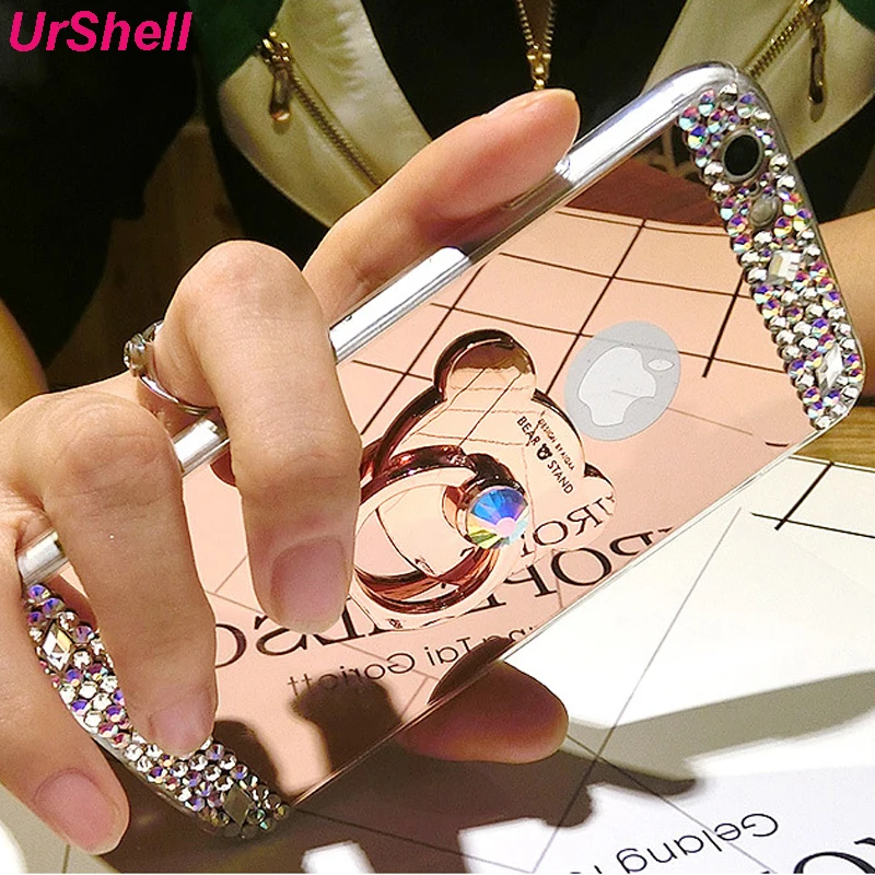 

Phone Cases For iPhone 6S 6 7 8 Plus X Cover Mirror Rhinestone Small Bear Finger Ring Stand Holder Case For iPhone X 5S 5 SE