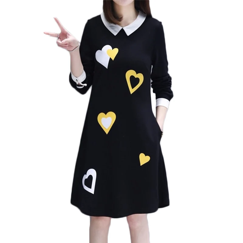 5xl Abiti Donne Il Manica Più Retro Black Della F140 Formato Stampa Di Corto Abito Lunga Allentato Cuore Molla Nero Con Autunno Vintage Delle qtwHcFRwxS