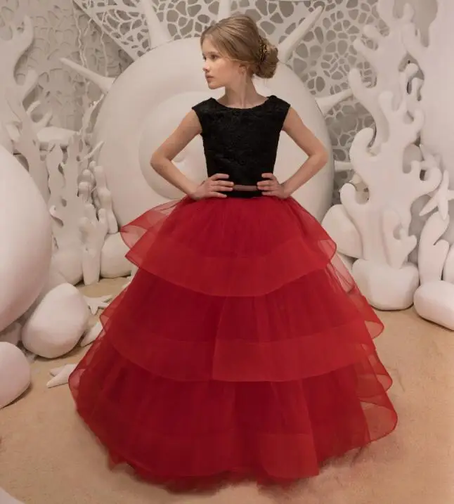 

New Two Pieces Girls Dresses Black Lace Red Puffy Tulle Long Party Pageant Gown Birthday Dress for Little Girls Size 2-16Y