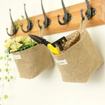 

fashion style storage jute basket with cotton lining sundries basket mini desktop storage bag hanging bags