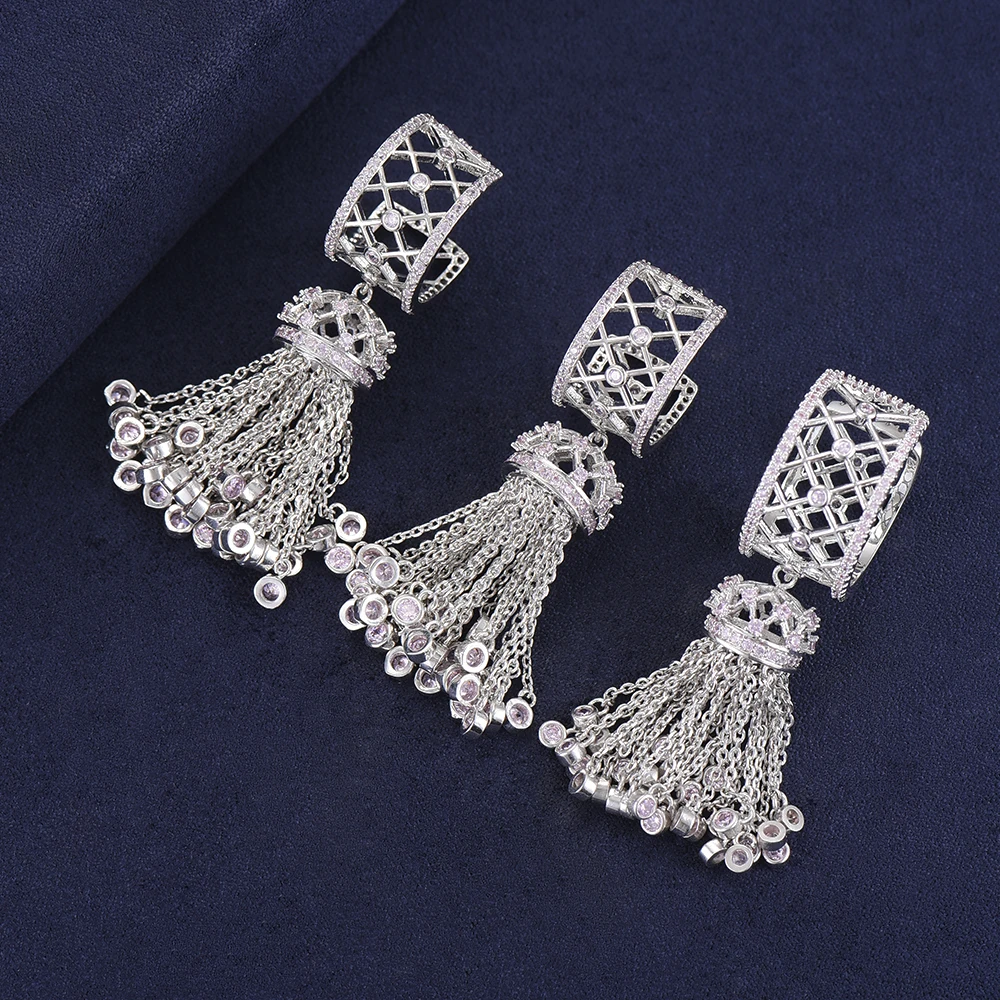 

Personality Geometric Shape CZ Inlaid Indian Wedding Tassel Dangle Earrings Ring Jewelry Sets For Women Engagement