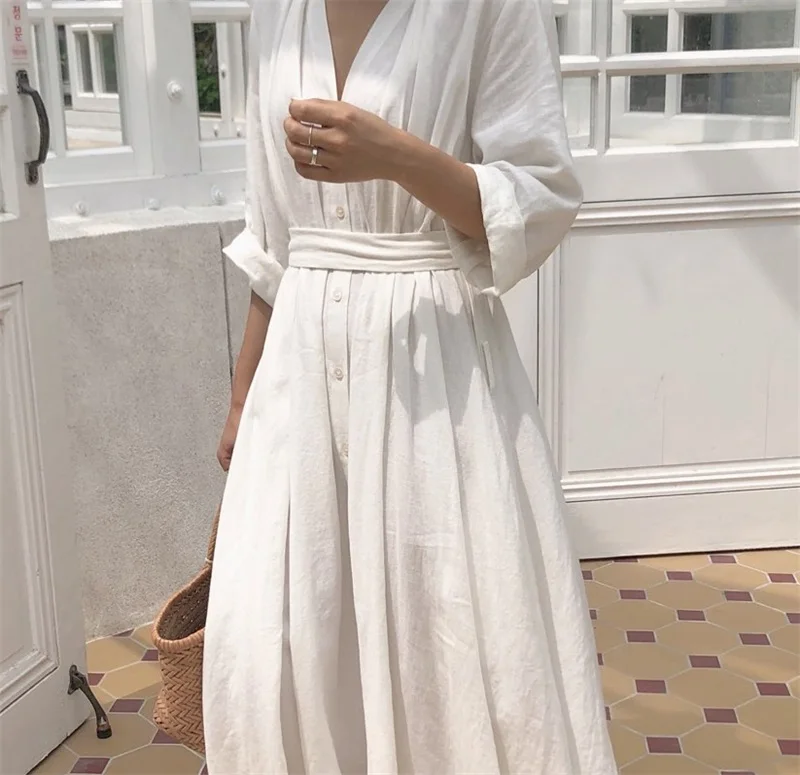 

Korean Women Casual Dress Solid Ankle-Length Autumn Party Dress Vestidos Cute Clothing Office Lady Fold Loose Belt Dress