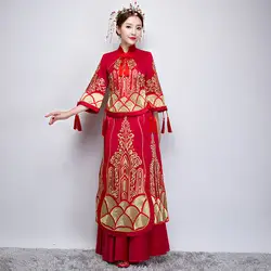 Новый Вышивка невесты Cheongsam длинное платье Qipao китайские традиционные Свадебные платья Китай Костюмы магазине халат Orientale