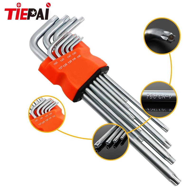 9Pcs Box End Wrench Tool Set Anti Tamper Proof Torx Key Bit Wrench L-Shape T10 T1 T20 T25 T27 T30 T40 T45T50 Short Length Type 3..
