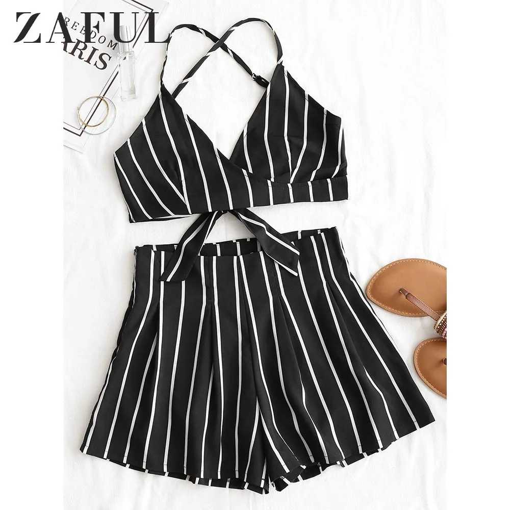 

ZAFUL Striped Backless Cami Top With Shorts Set Summer Spaghetti Straps Women'S Sets Crop Top Shorts High Waist 2 Pieces Set