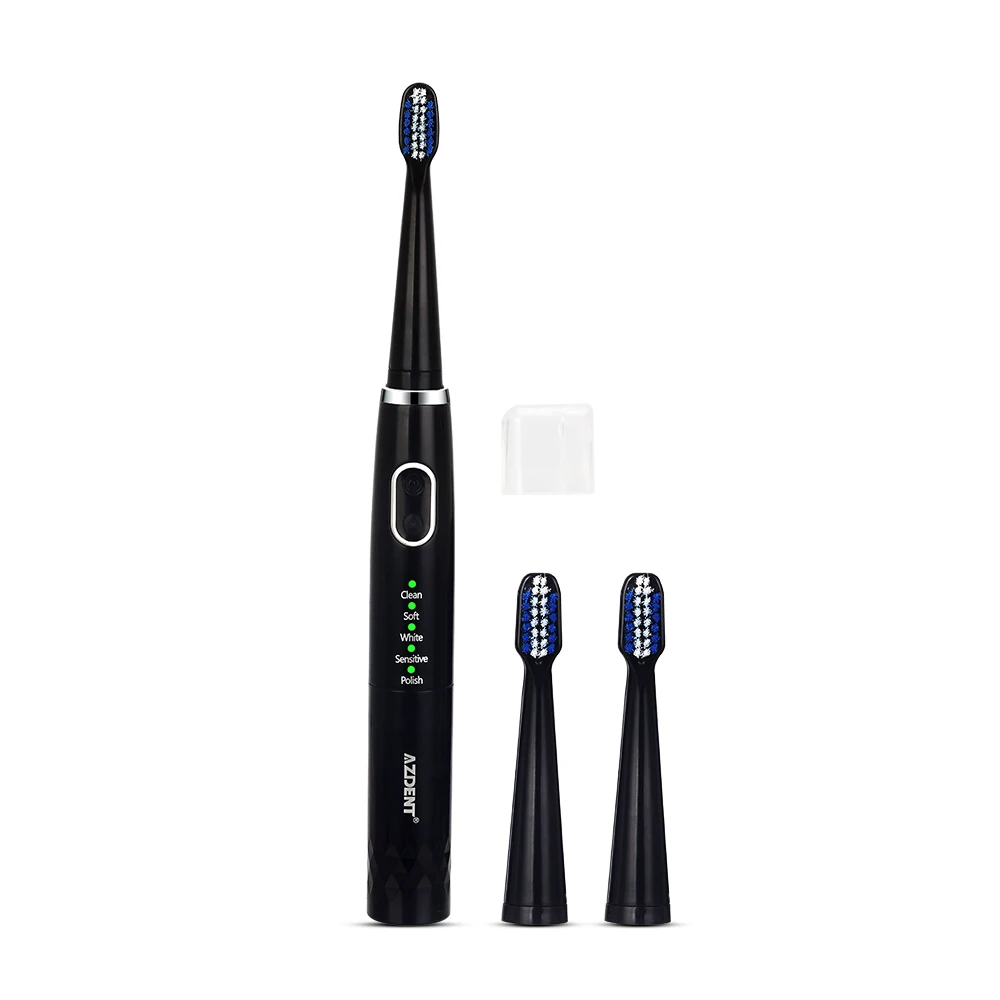 AZDENT, 5 режимов, звуковая электрическая зубная щетка, тип батареи, нет, перезаряжаемая зубная Глубокая чистка кистей с 3 мягкими головками для взрослых - Цвет: Black toothbrush