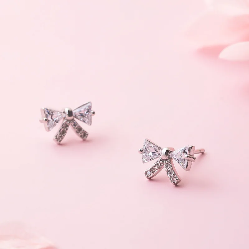 bowknot zircon silver earrings woman S925 silver jewelry fashion silver stud earrings for women gift high quality