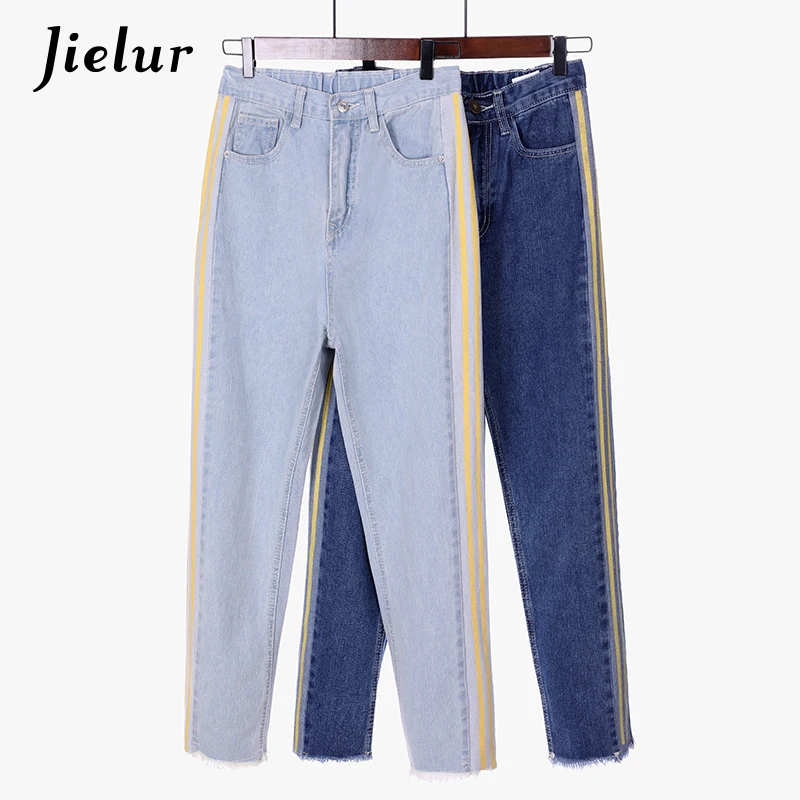 Jielur, модные корейские джинсы с карманами, женские джинсы с кисточками размера плюс в полоску сбоку, женские Синие Джинсы бойфренда с высокой талией, Прямая поставка