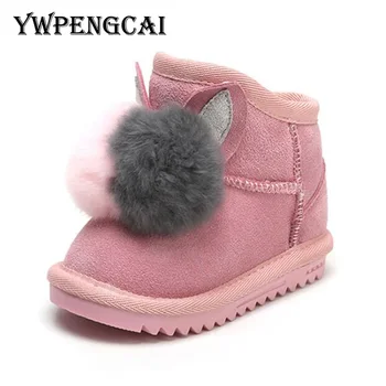 

2019 Winter Baby Toddler Girl Boots Children Genuine Leather Boots Real Fur Ball Decoration Warm Plush Girls Snow Boots