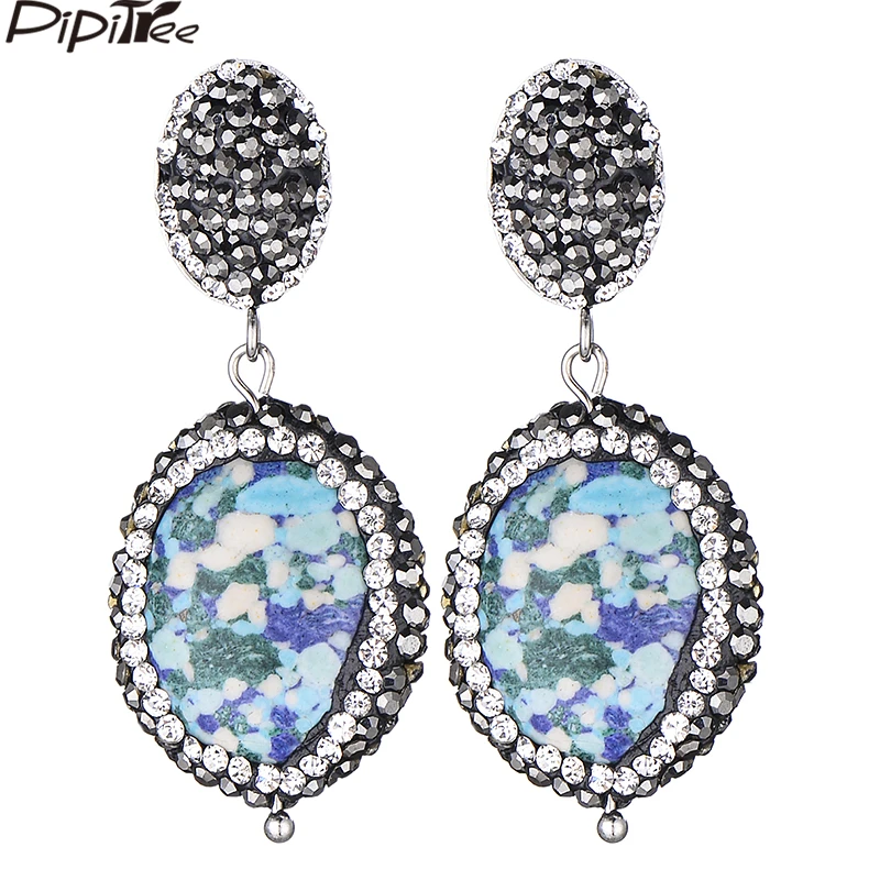 

Pipitree Luxury Ethnic Bohemia Natural Stone Drop Earrings Women Lady Female's Black Rhinestone Crystal Oval Earrings Jewelry