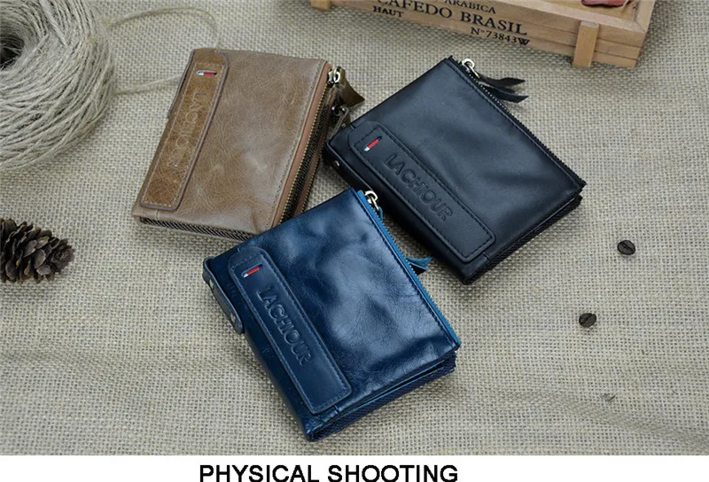 Brand Men Genuine Leather Wallet Short Men Cowhide Leather Coin Pocket Purse Male Carteira Masculina Double Zipepr Coin Bag