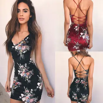 

Sexy Womens Summer Velvet Sleeveless Floral Evening Party Pencil Dress Vestidos Backless Bandage Club Beach Short Mini Dresses