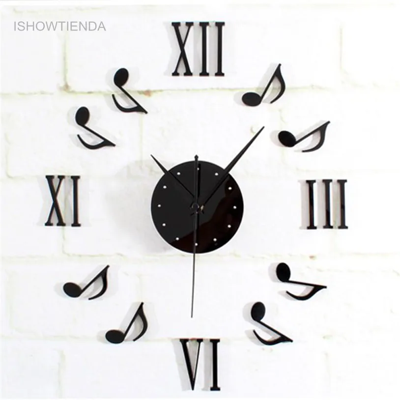 

ISHOWTIENDA 1PC Music Notation Combination Decoration DIY 3D Wall Clock large reloj de pared quality first New