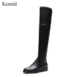 Kcenid/ботфорты выше колена из натуральной кожи с круглым носком женская обувь черного цвета 2019 г. осенне-зимние эластичные сапоги обувь на