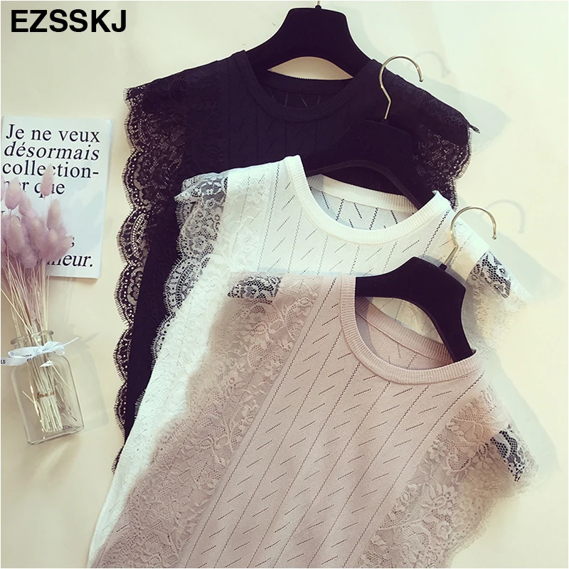 

2019 New Summer Women Mesh T Shirt Sleeveless O-Neck lace knitted patchwork Tops Tees Female chic solid hollow out T-Shirt