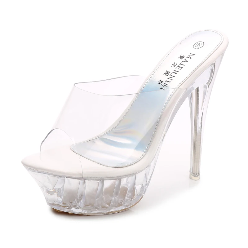 MAIERNISI/женские босоножки; Летние прозрачные босоножки на тонком высоком каблуке; женские повседневные сандалии-шлепанцы; модная женская обувь со стразами - Цвет: white