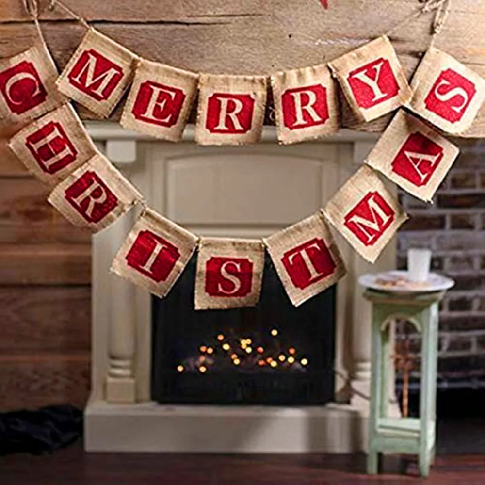 Украшения для рождественской вечеринки Hessian Burlap Merry Christmas Bunting Sign деревенский флаг