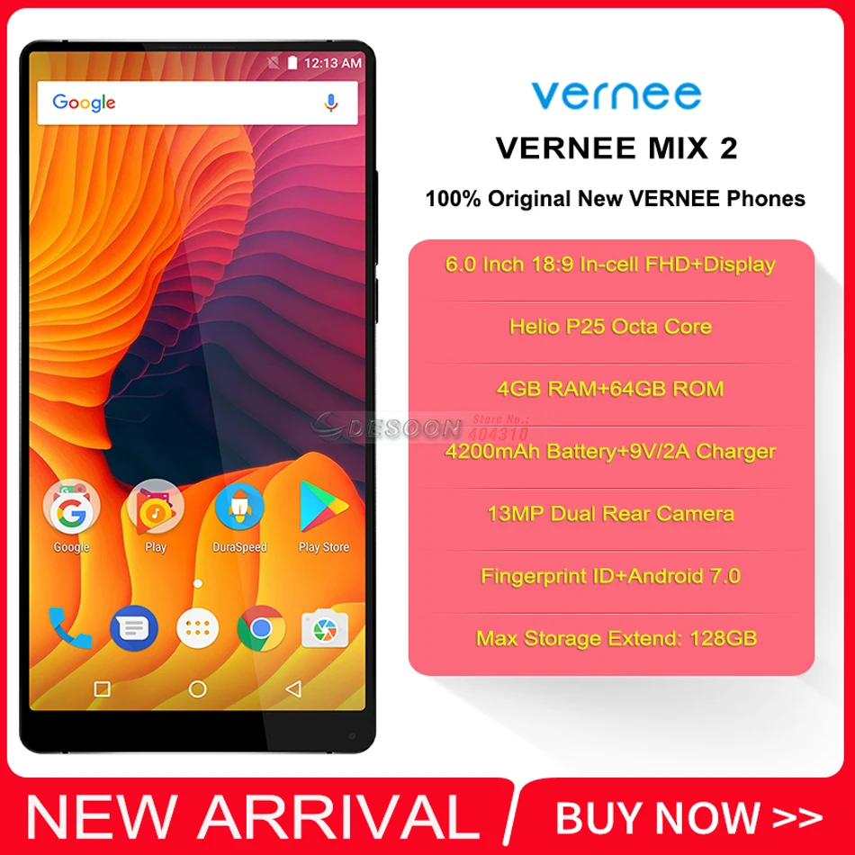 Смартфон Vernee Mix 2 6," 18:9 с полным экраном, 4 Гб ОЗУ, 64 Гб ПЗУ, Восьмиядерный процессор P25, 13 МП, двойной задний объектив, Android 7,0, отпечаток пальца, мобильный телефон