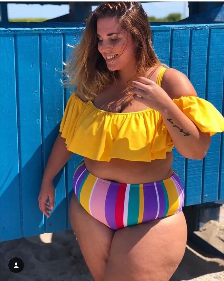 

Hirigin Plus Size Swimwear Women Rainbow Stripes Ruffles Bikini Set Oversize Push Up Padded Swimsuit Women Bathing Suit 2019