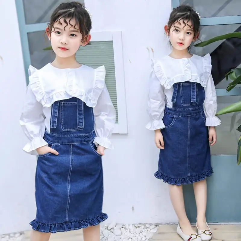 

2019 Fashion Children Pure Cotton Clothing Sets Kids Girl Shirt+Denim Straped Dress Sets Teen Girl Casual Ruched Solid Suit Q814