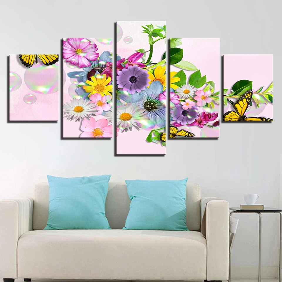 Canvas-Paintings-Wall-Art-Frame-5-Pieces-Flowers-And-Butterflies-Pictures-Modular-HD-Prints-Daisies-Calliopsis (2)