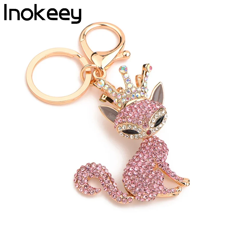 

Inokeey Alloy Pink Rhinestone Crown Fox Key Chain Women Men's Metal Crystal Animal Car Keyring Bag Accessories