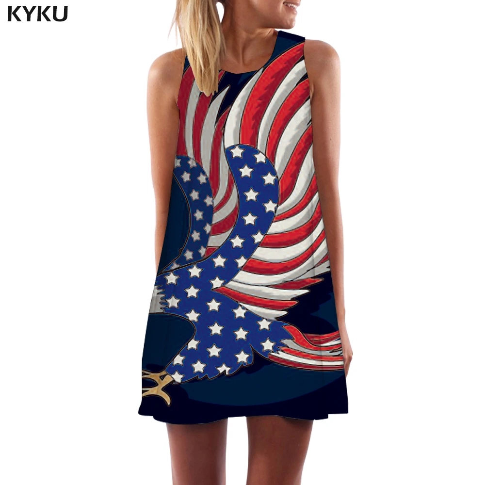 

KYKU Brand Eagle Dress Women American Flag Vestido Sexy Animal Korean Style Usa Sundress Harajuku Ladies Dresses Womens Clothing