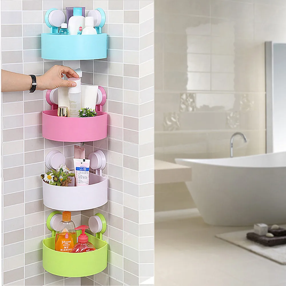 

Plastic Suction Cup Bathroom Kitchen Corner Storage Rack Organizer Shower Shelf 122