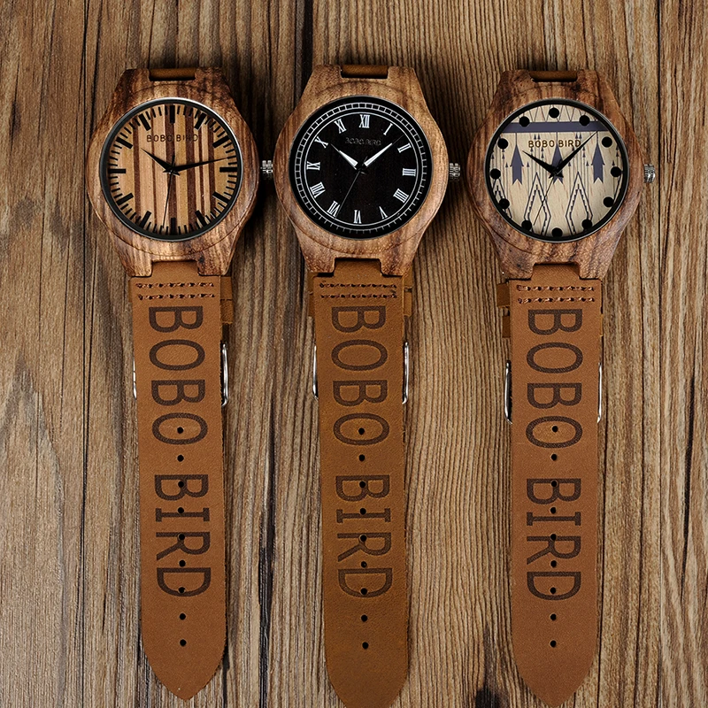 BOBOBIRD Mens Wooden Wristwatch Causal Quartz Watch with Branded Brown Leather in Gift Box