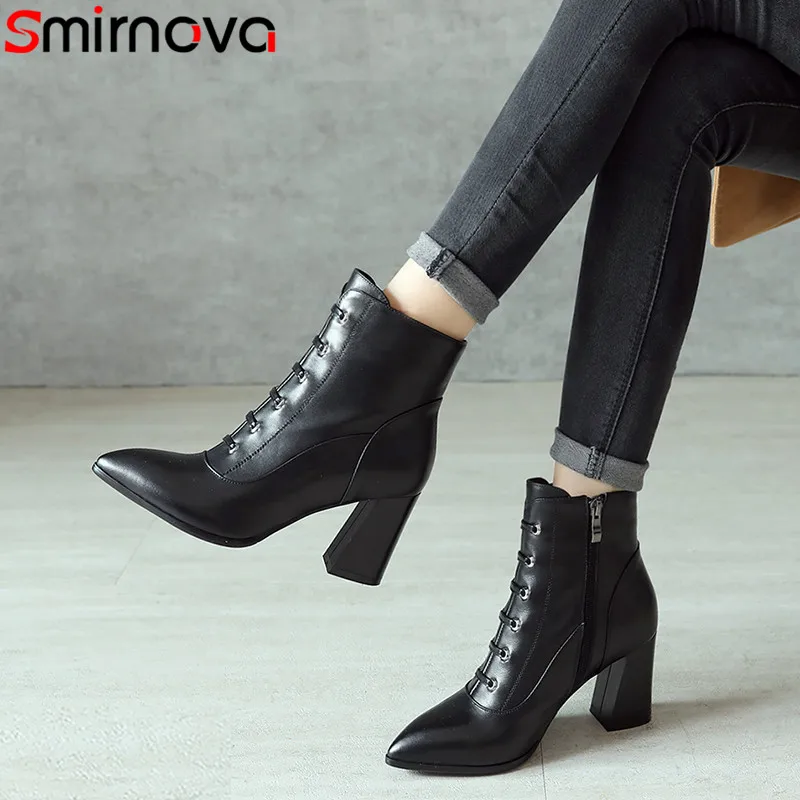 

Smirnova black red fashion autumn winter shoes woman pointed toe ankle boots women genuine leather high heels ladies boots