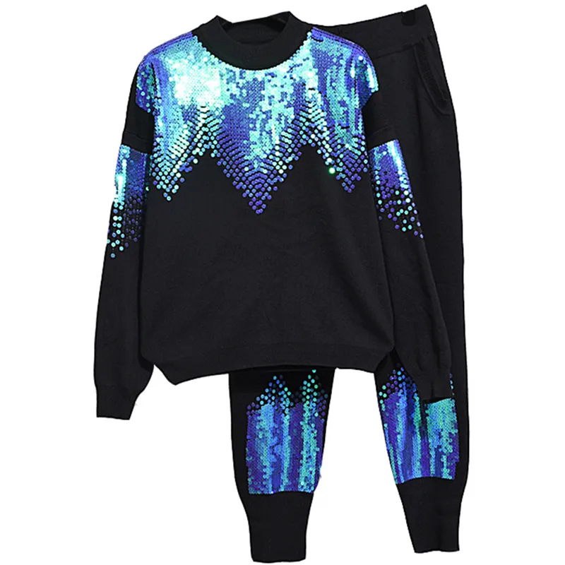

Sequined Training Tracksuit Sweater+Pants Two Peice Female Leisure Pant Set Casual Tracksuits Knitting Suit Tracksuit Set Women